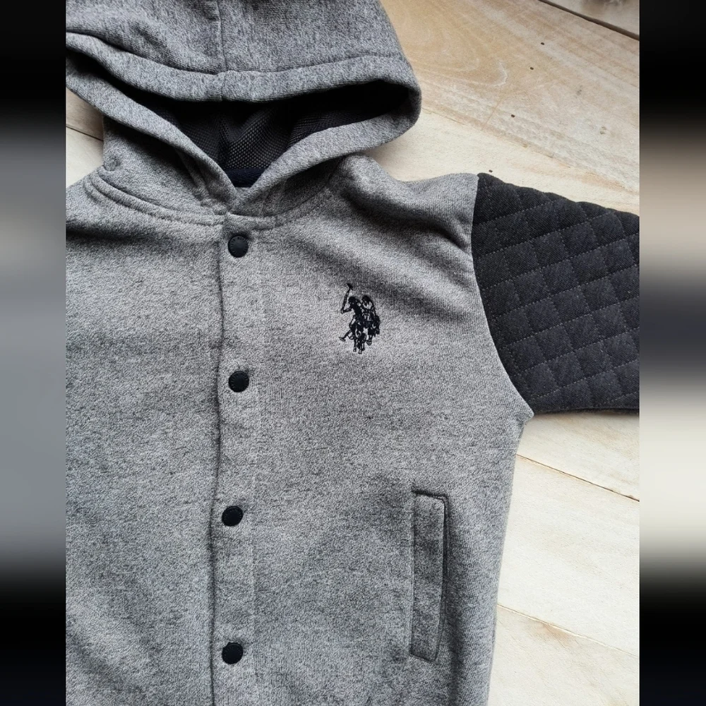 US Polo Assn Graphics Logo Button Up Varsity Jacket Coat Boys Size 7 Gray